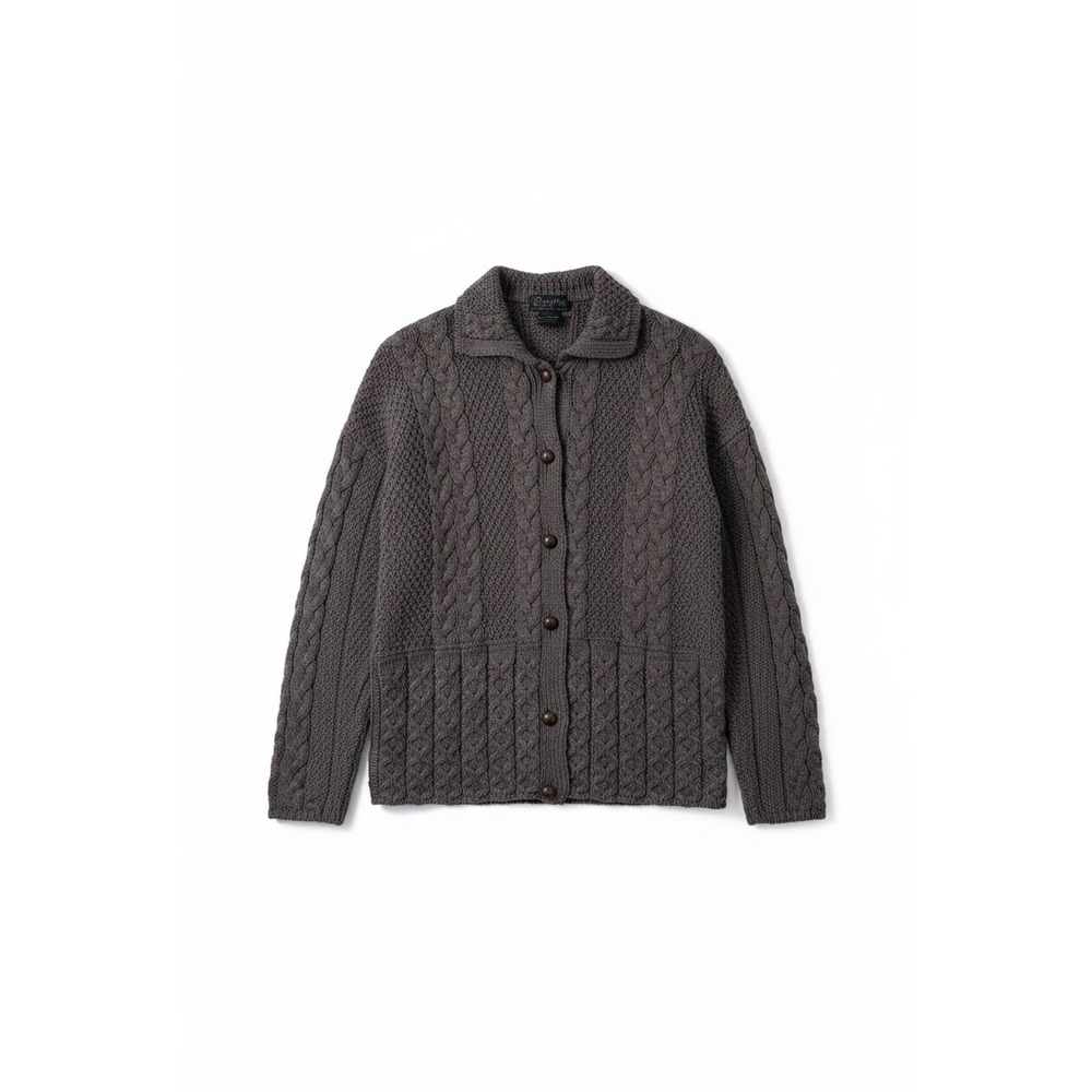 Peregrine | Cable Knit Aran Wool‎ Cardigan L Grey England Button Front Sweater